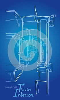 Passenger train interior hand drawn sketch vector illustration.