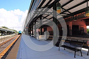 Passenger train leaving station