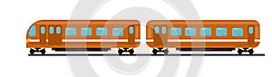 Passenger train of orange color from two cars on rails