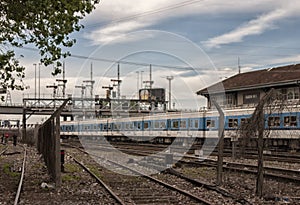 Passenger train on the railway. Railway transport