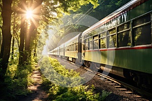 Passenger train rides through beautiful landscape. Exterior view