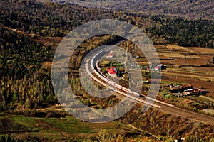 A passenger train running through the immense froest(II)