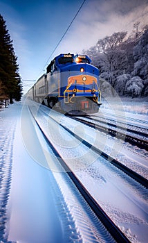 Passenger train running.snow background