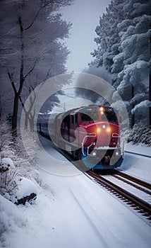 Passenger train running.snow background