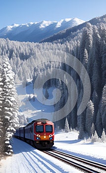 Passenger train running.snow background