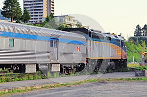 Passenger train stands by the platform. Prince Rupert