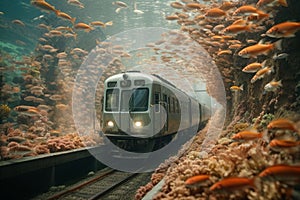 a passenger train traveling through a very underwater area of rocks and gravel