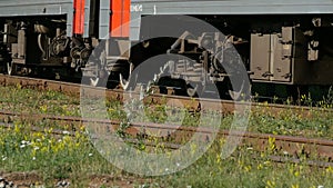 Passenger train wheels low angle view