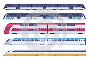 Passenger trains modern railway carriage set vector flat illustration contemporary railroad express