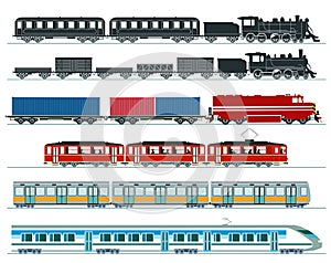 Passenger trains. Subway train, high speed trains, steam train. Illustration