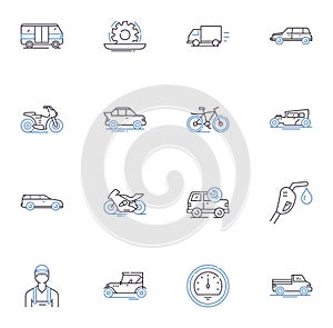 Passenger transport line icons collection. Shuttle, Bus, Taxi, Train, Subway, Tram, Trolleybus vector and linear