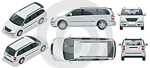 Passenger Van or Minivan Car vector template on background. Compact crossover, SUV, 5-door minivan car. View isometric