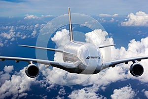 The passenger wide body plane flies high in the blue sky above clouds. Airplane closeup front view