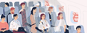 Passengers on airplane board flat vector illustration. Cartoon people traveling abroad by plane. Air public transport