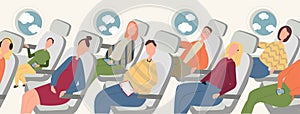 Passengers on airplane board flat vector illustration. Cartoon people traveling abroad by plane. Air public transport