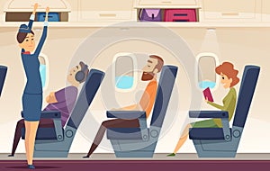 Passengers airplane. Stewardess avia service tourism aviation vector cartoon background photo