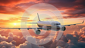 Passengers commercial airplane flying above clouds sunset