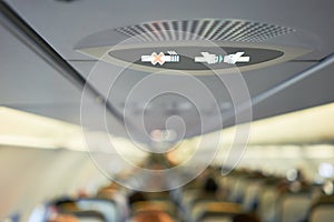 Passengers and crew sitting on airplane seats, view of the passengers and attendants inside cabin