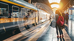 passengers and High-speed train stands at the station at night. Modern speed train standing at the station