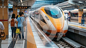 passengers and High-speed train stands at the station at night. Modern speed train standing at the station