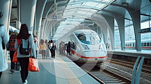 passengers and High-speed train stands at the station at night. Modern speed train standing at the station