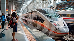 passengers and High-speed train stands at the station at night. Modern speed train standing at the station