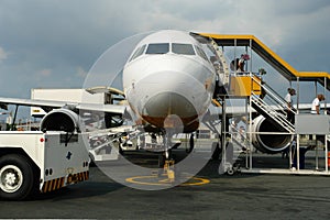 Passengers leaving airliner