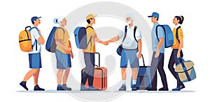 passengers with luggage standing together in line queue travel vacation concept horizontal