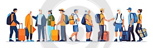 passengers with luggage standing together in line queue travel vacation concept horizontal