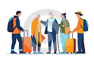 passengers with luggage standing together in line queue travel vacation concept horizontal