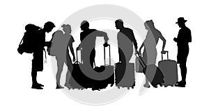 Passengers with luggage walking at airport vector silhouette. Travelers with bags go home. Man and woman carry baggage. People