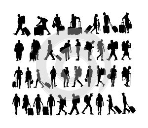 Passengers with luggage walking at airport vector silhouette. Travelers with bags. Tourist man and woman carry baggage. People