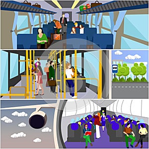 Passengers public transport concept vector banners set. People in bus, train and airplane