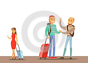 Passengers Saying Goodbyes In The Airport, Part Of People Taking Different Transport Types Series Of Cartoon Scenes With