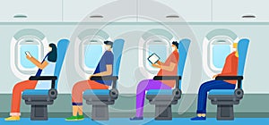 Passengers seated in aircraft cabin, vector illustration. Cartoon people travel by air in airplane, sitting comfortably