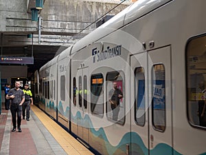 Passengers set to board the Sound Transit Link light rail train