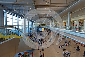 Passengers in the terminal of Domodedovo airport, Moscow, Russia