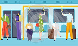 Passengers in underground, inside train carriage, city public transport, high-speed metro, design flat style vector