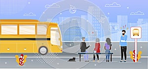 Passengers Waiting for Bus on Stop Flat Vector
