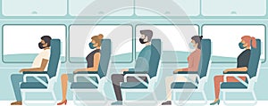 Passengers wearing protective medical masks travelling by bus or train. Travel during coronavirus COVID-19 disease outbreak