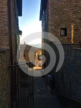 Passignano sul Trasimeno ancient town, Umbria region, Itlay. Ancient alley, arch and flowers