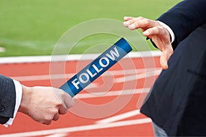 Passing baton with word follow relay race concept social media