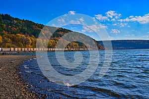 A passing freight train during Fall at North Shore Devils Lake State Park