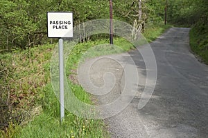 Passing place road sign post wilderness rural countryside safety danger caution Scotland uk