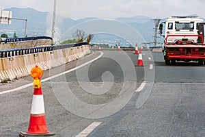 passing road under repair with special special equipment on the track