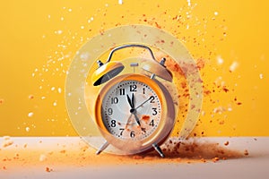 passing of time, a retro alarm clock dissolving into dust, parts fading away, yellow background