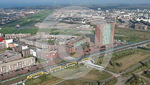 Passing train in the city of Almere Poort, The Netherlands