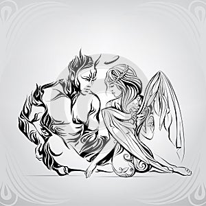 Passion between an angel and the demon. vector illustration