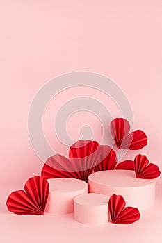 Passion bright romance pink abstract stage mockup in chinese style with three circle podiums, fly red paper hearts, copy space.