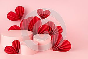 Passion bright romance pink abstract stage mockup in chinese style with three circle podiums, soar red paper hearts, copy space.